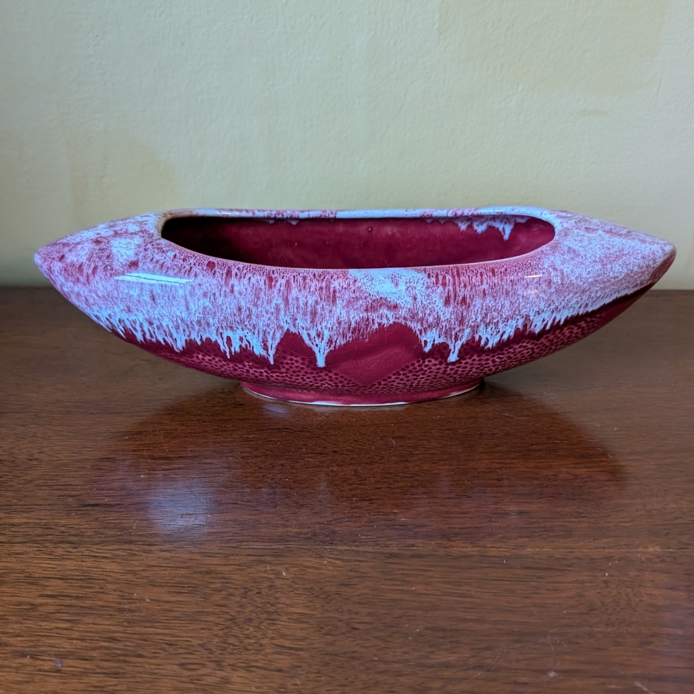 Vintage Dark Pink/White Mid-Century Modern Elongated Planter, Drip Pottery
